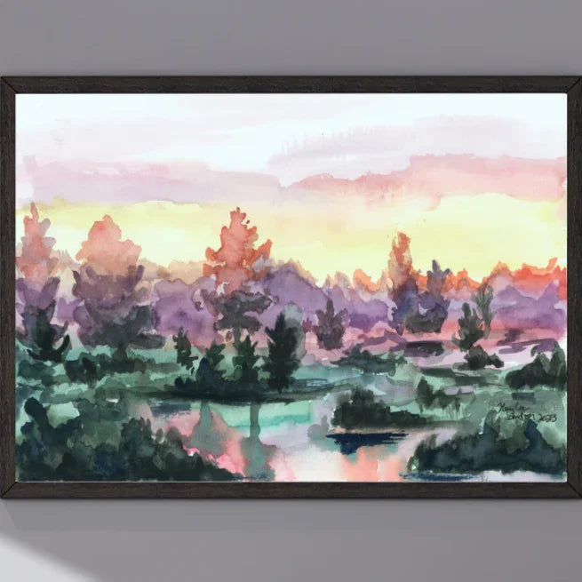 Watercolor painting of a misty sunrise landscape with trees and water reflections in soft pastel tones