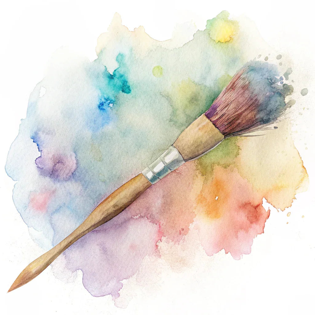 Artistic logo with wooden paintbrush and colorful watercolor splash background