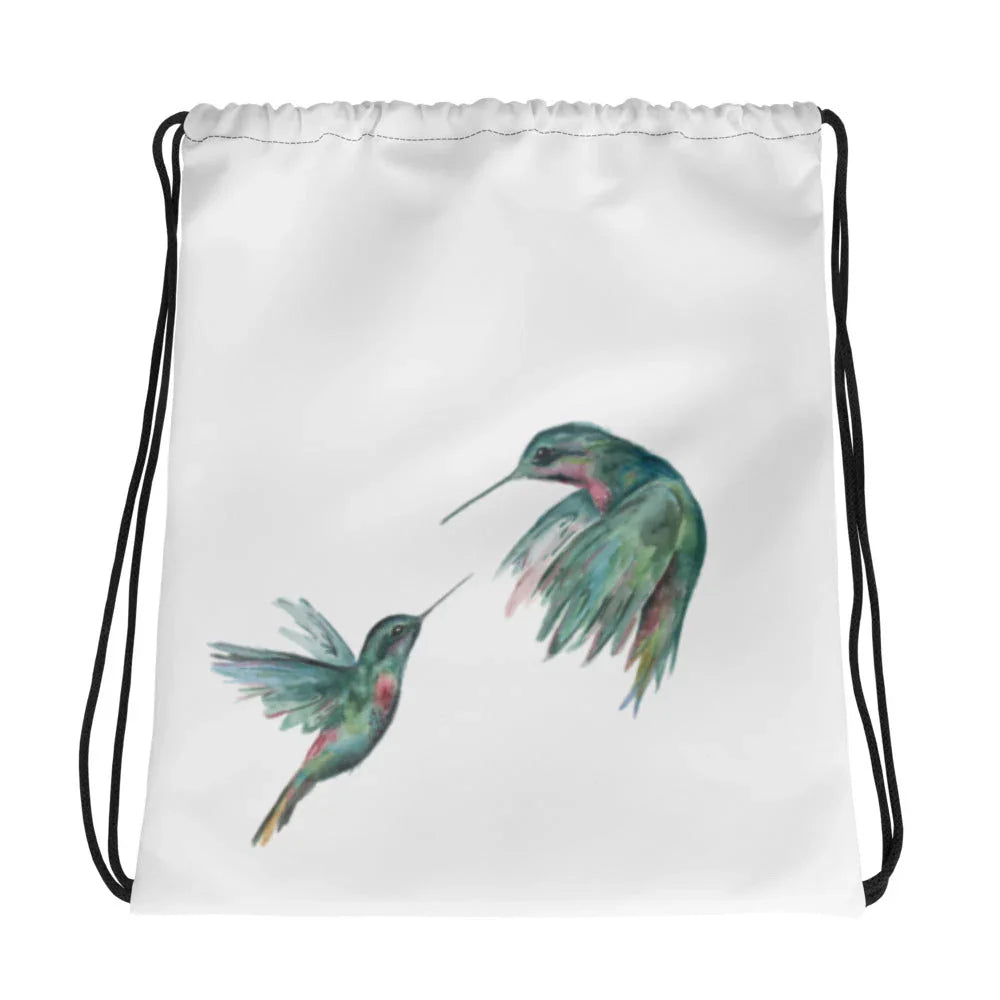 white drawstring bag with colorful watercolor hummingbird prints and black cords