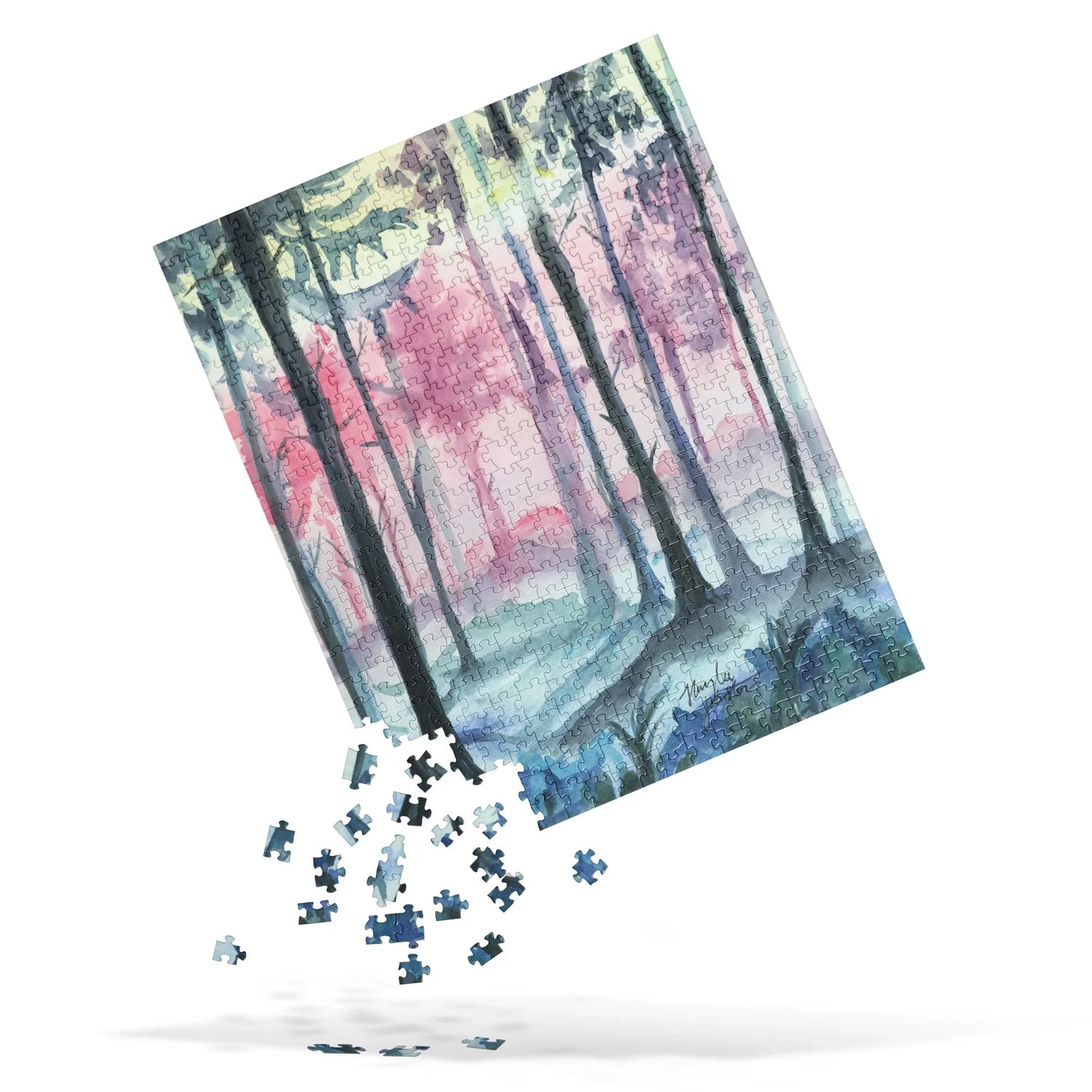520-piece jigsaw puzzle with watercolor forest scene in pink, blue, and green tones, some pieces falling
