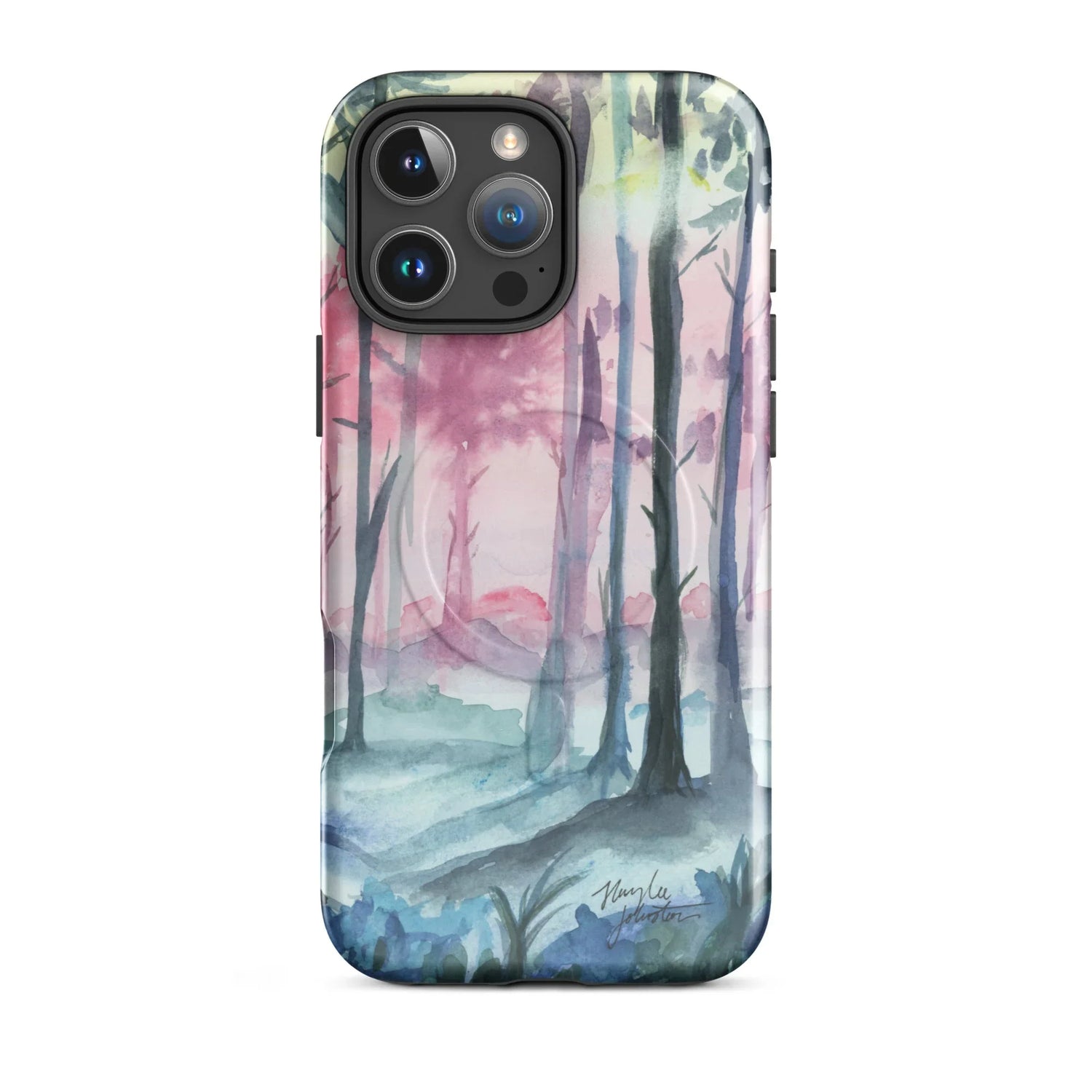 iPhone 16 Pro Max with MagSafe tough case featuring watercolor forest scene in pink and blue tones