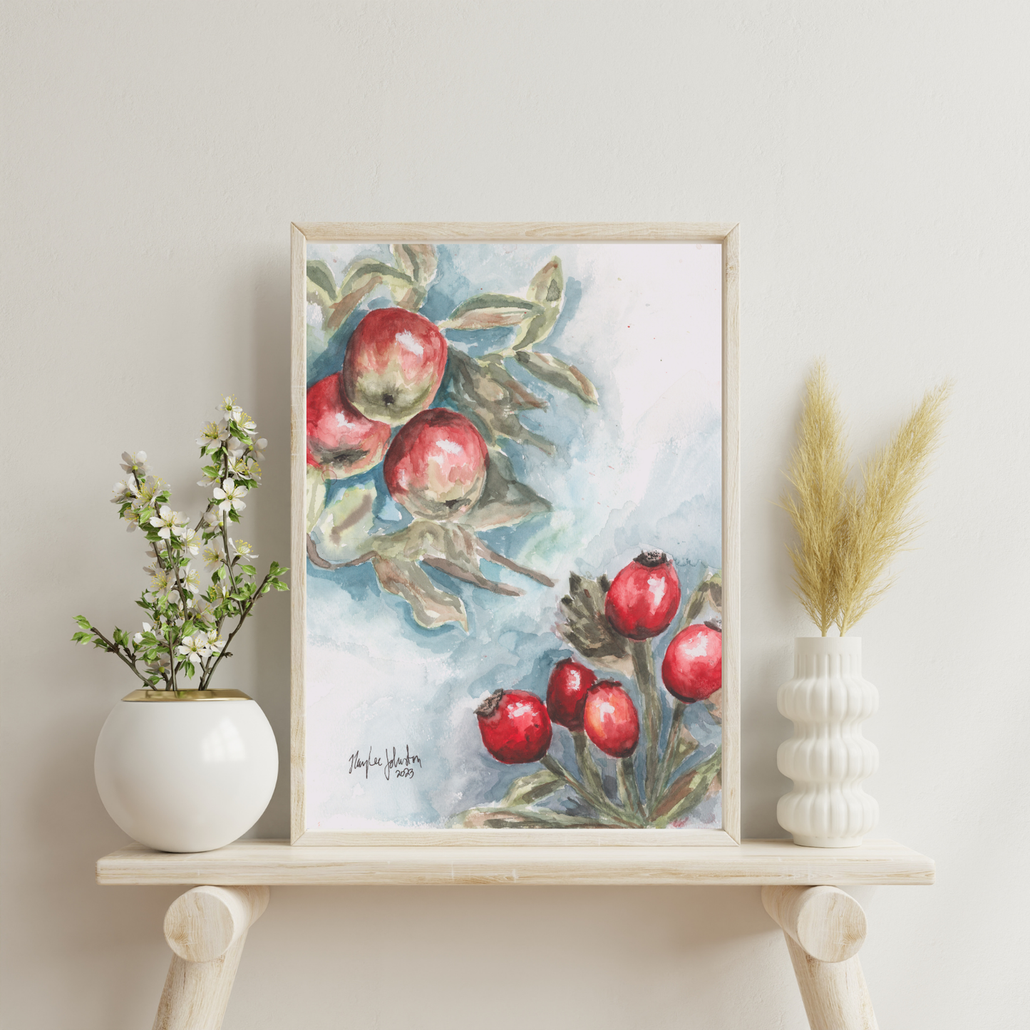 Red Apples and Rosehips Watercolor, Giclée Print of Original Work, Cottage Artwork