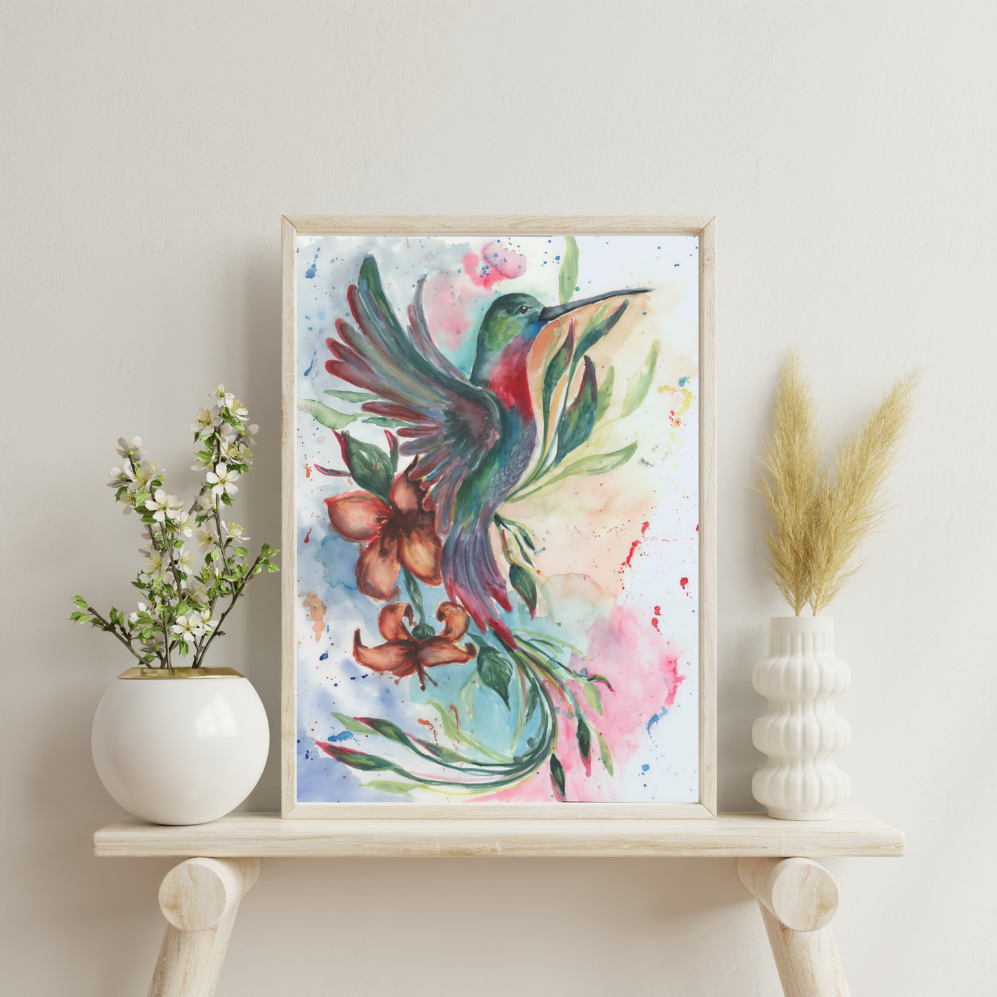 Hummingbird Watercolor Print, Flying Bird Original Painting