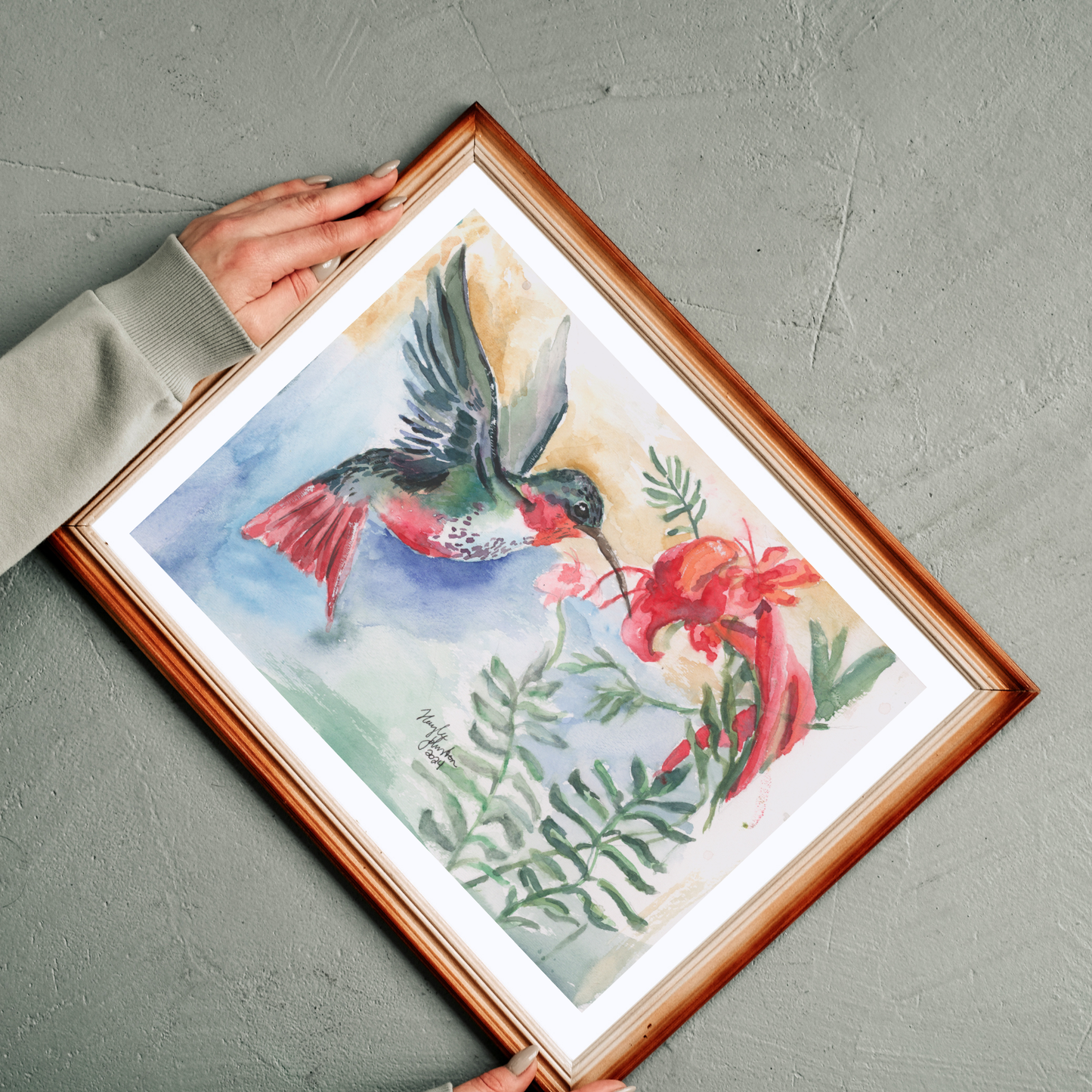 Hummingbird Watercolor Print, Bird and Flower Print, Nature Decor, Flower Garden