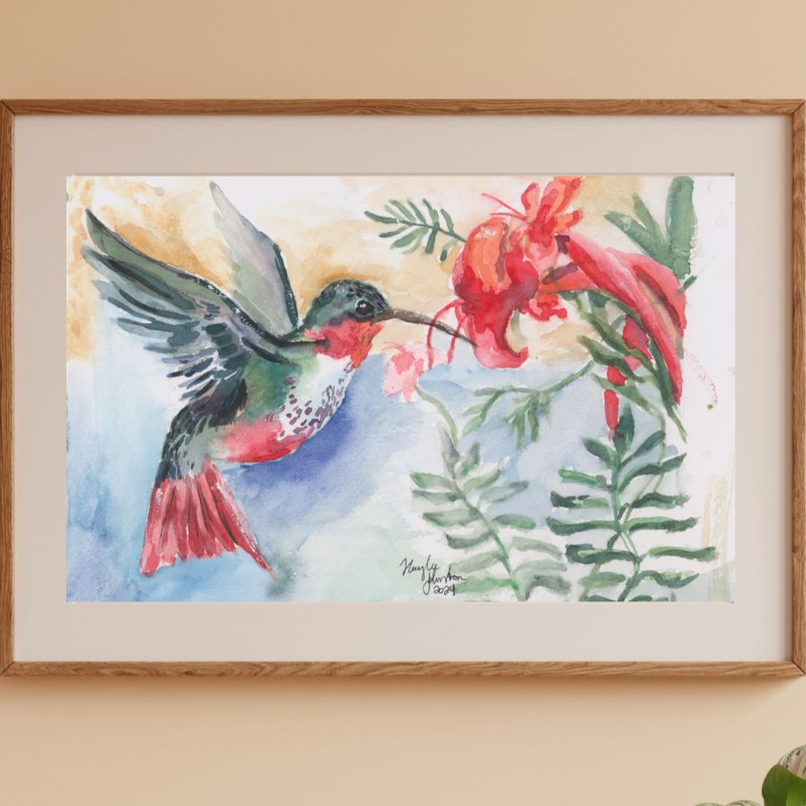 Hummingbird Watercolor Print, Bird and Flower Print, Nature Decor, Flower Garden