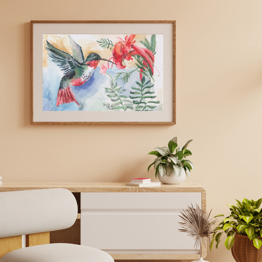 Hummingbird Watercolor Print, Bird and Flower Print, Nature Decor, Flower Garden