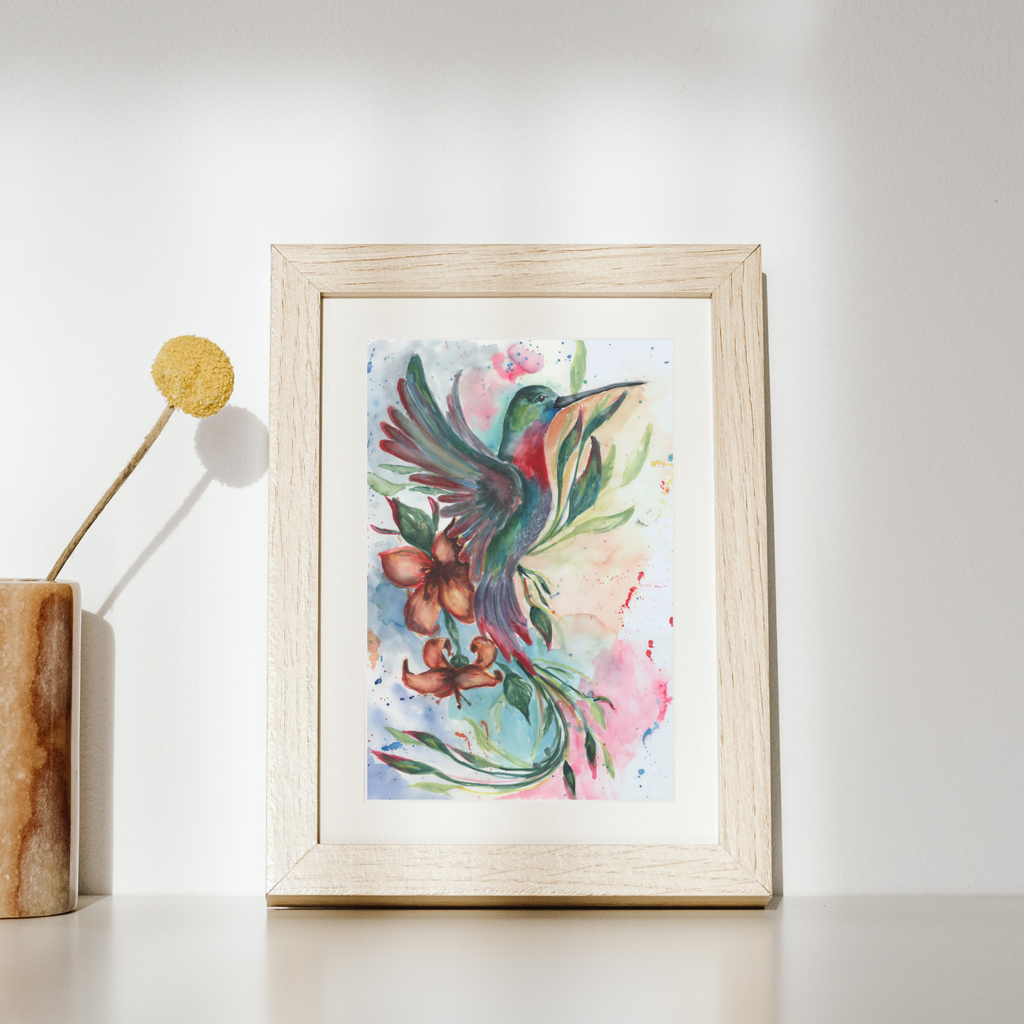 Hummingbird Watercolor Print, Flying Bird Original Painting