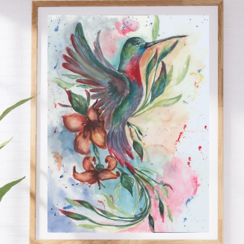 Hummingbird Watercolor Print, Flying Bird Original Painting