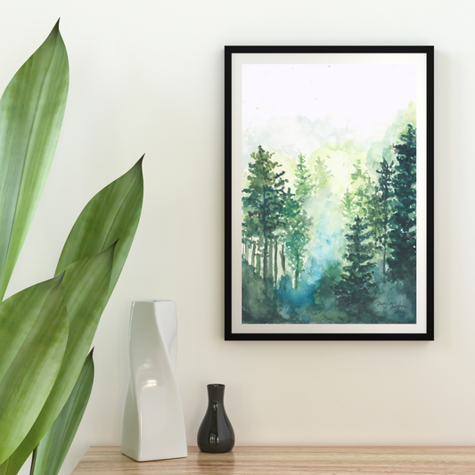 Foggy Morning Forest Painting, Print of Original Sunset Watercolor Artwork