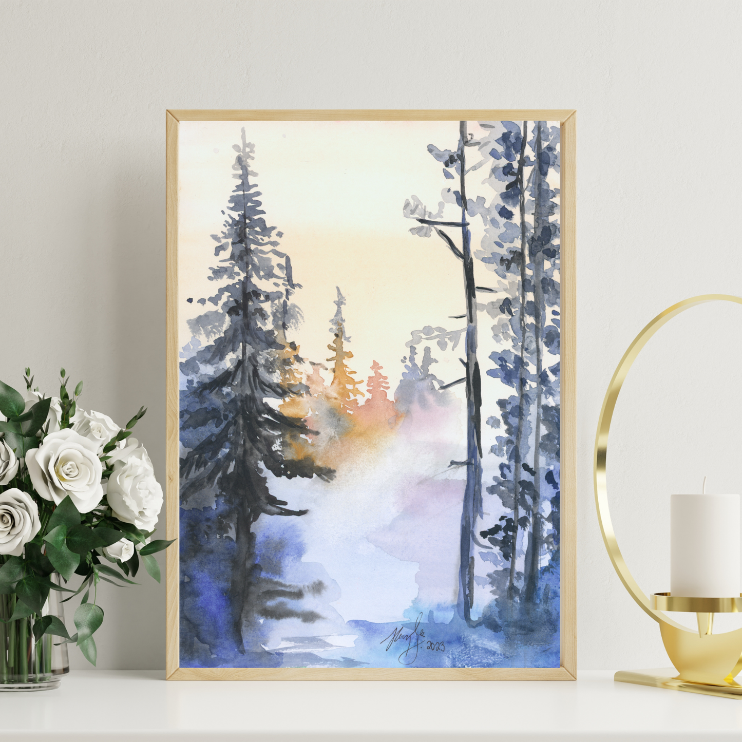 Snowy Forest Watercolor Print From Original, Winter Snow Artwork