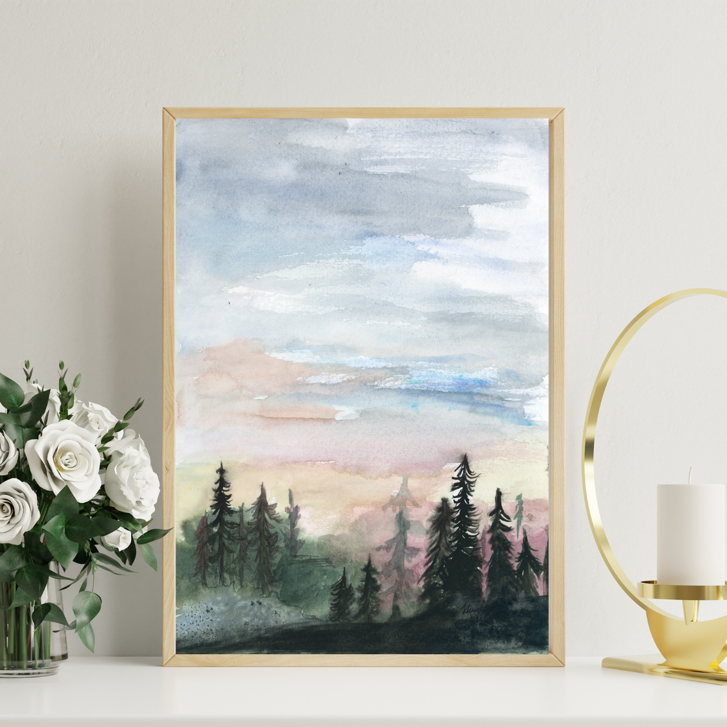 Forest Skyline Watercolor Giclée Print, Bright Cloudy Morning Sky, Rolling Evergreen Hills