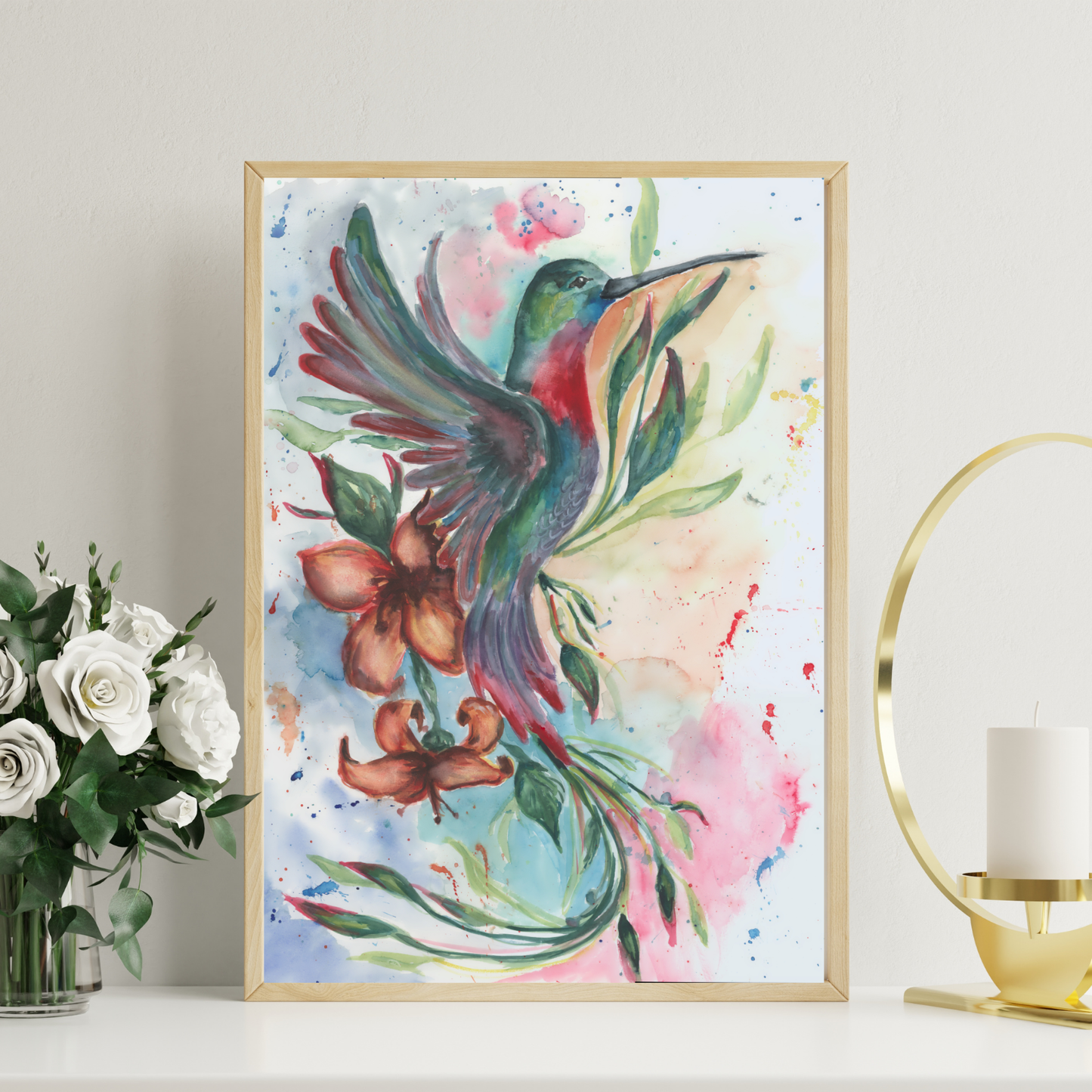 Hummingbird Watercolor Print, Flying Bird Original Painting