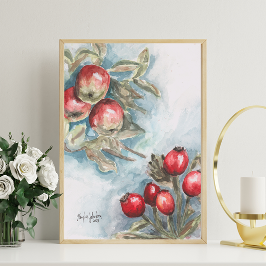 Red Apples and Rosehips Watercolor, Giclée Print of Original Work, Cottage Artwork