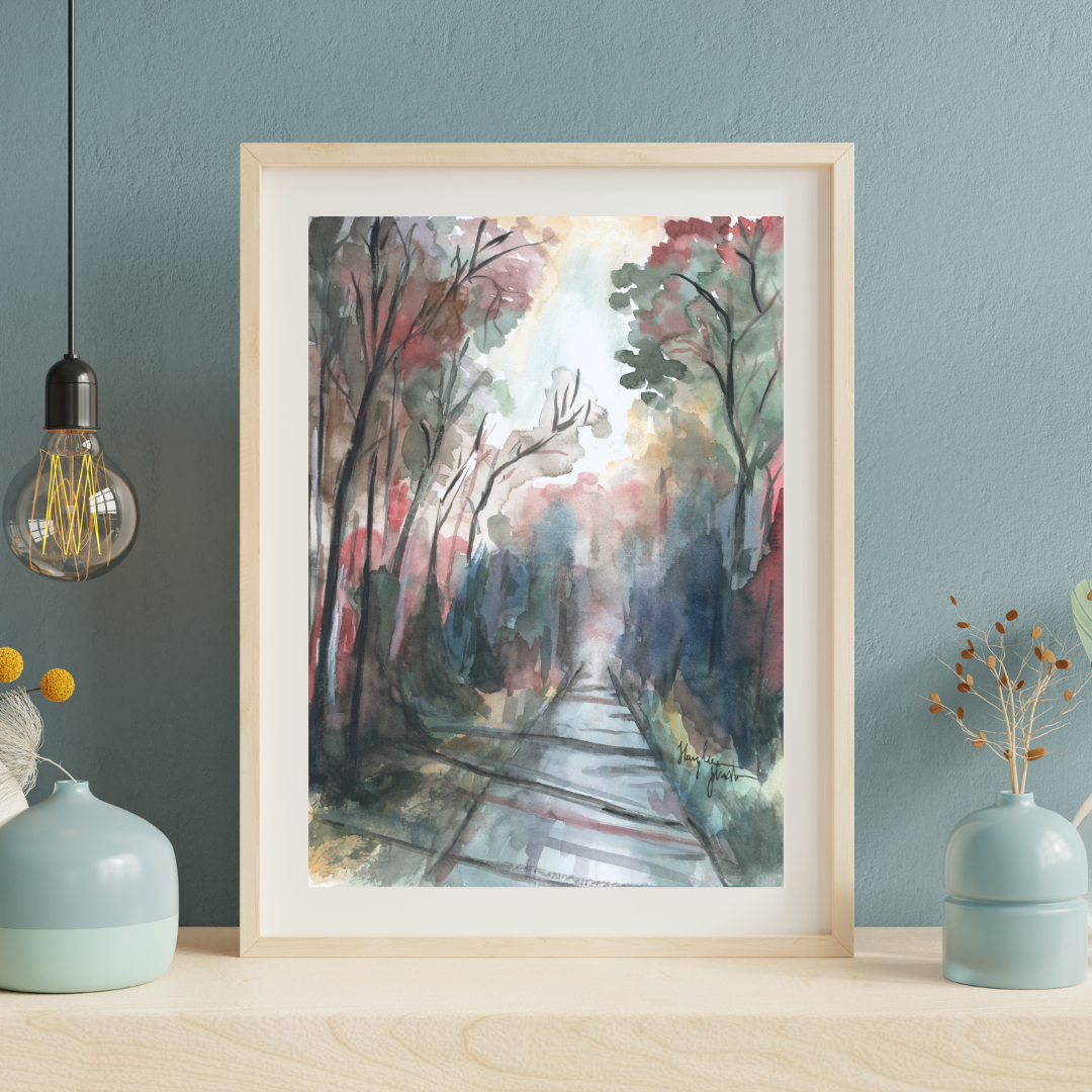 Fall Forest Road Watercolor Print, Autumn Print from Original Watercolor