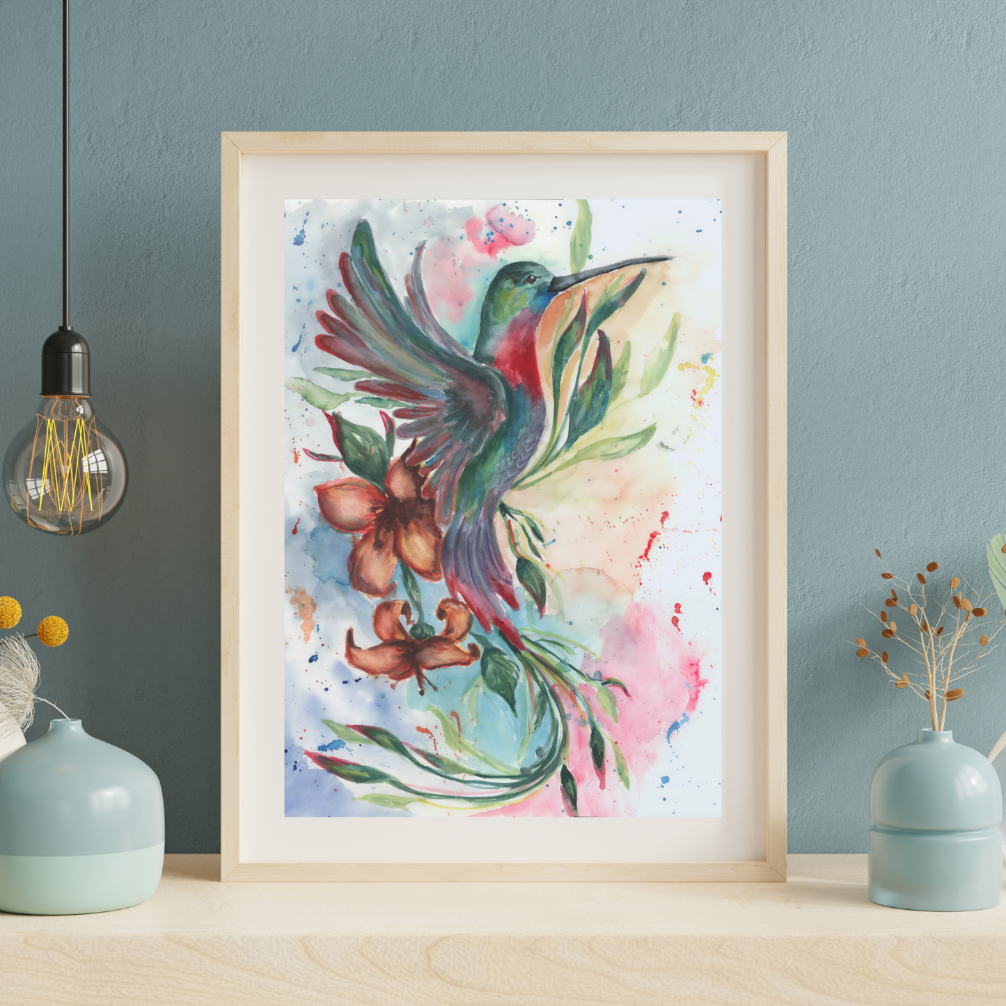 Hummingbird Watercolor Print, Flying Bird Original Painting