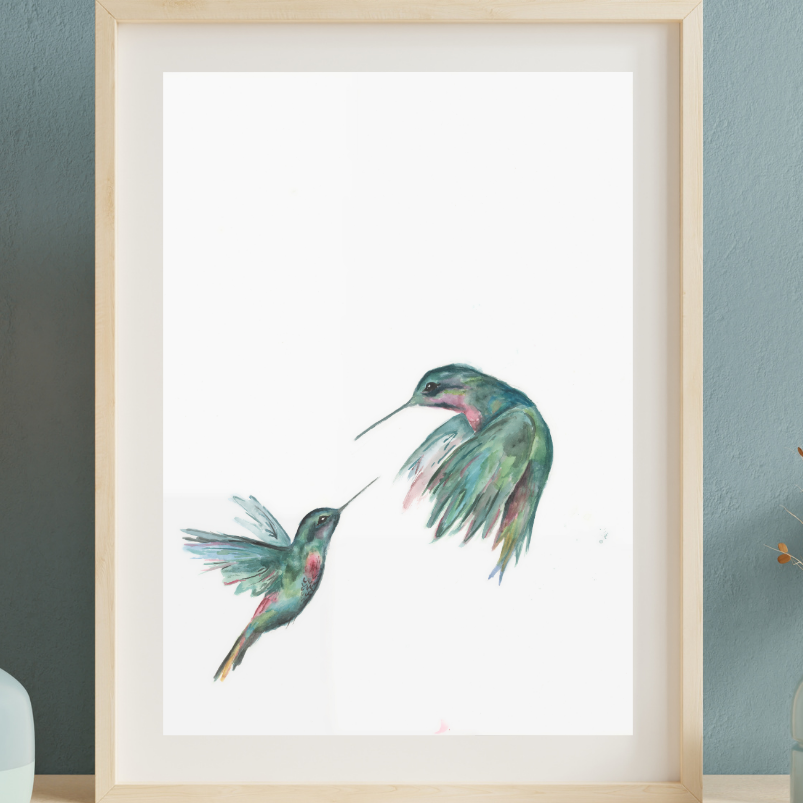 Two Green Hummingbirds Watercolor Painting, Pair of Flying Teal Birds