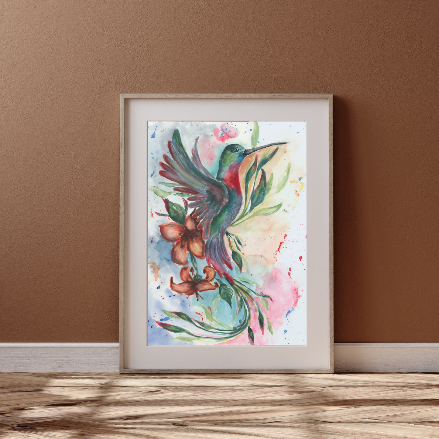 Hummingbird Watercolor Print, Flying Bird Original Painting