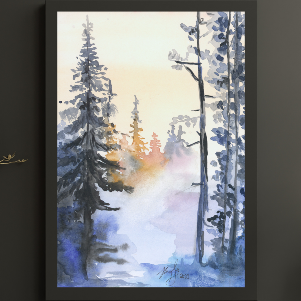 Snowy Forest Watercolor Print From Original, Winter Snow Artwork