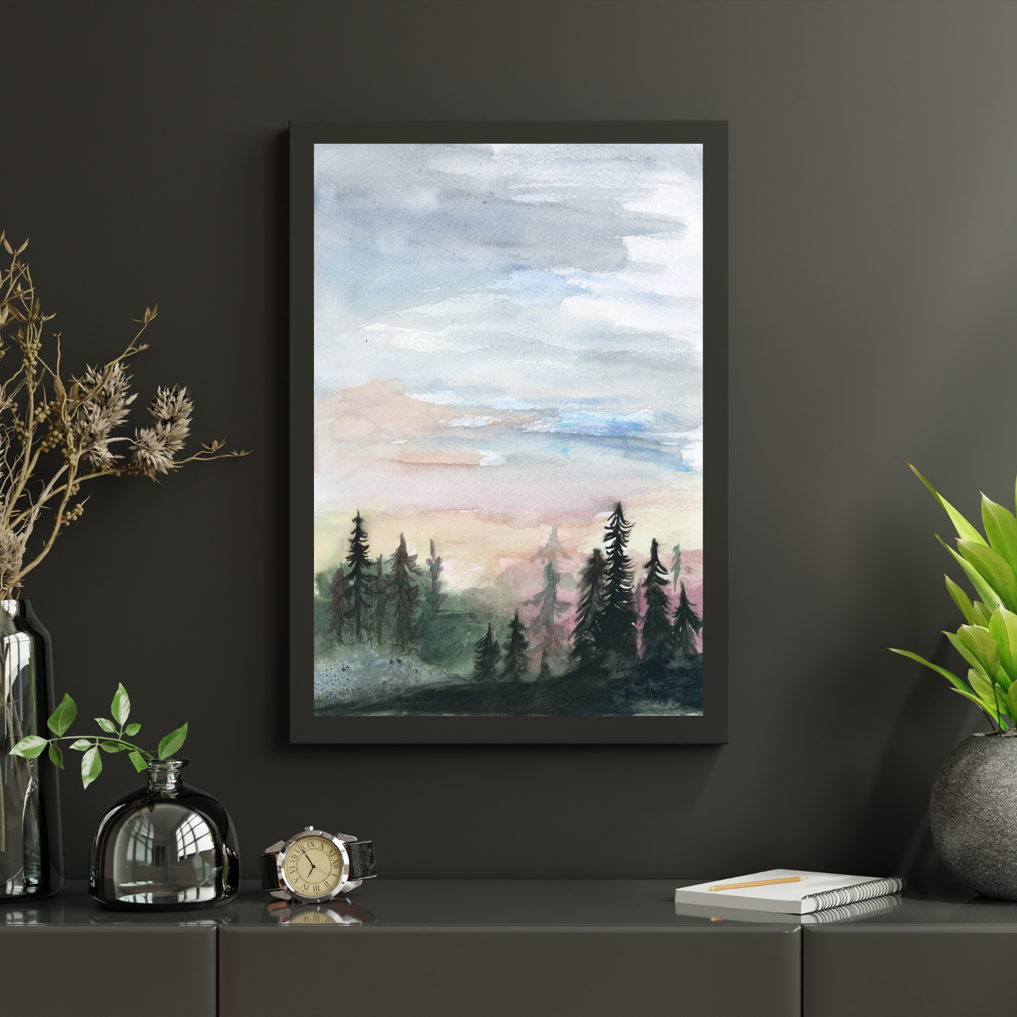 Forest Skyline Watercolor Giclée Print, Bright Cloudy Morning Sky, Rolling Evergreen Hills