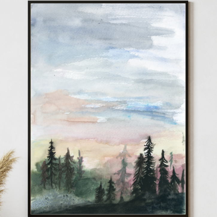 Forest Skyline Watercolor Giclée Print, Bright Cloudy Morning Sky, Rolling Evergreen Hills