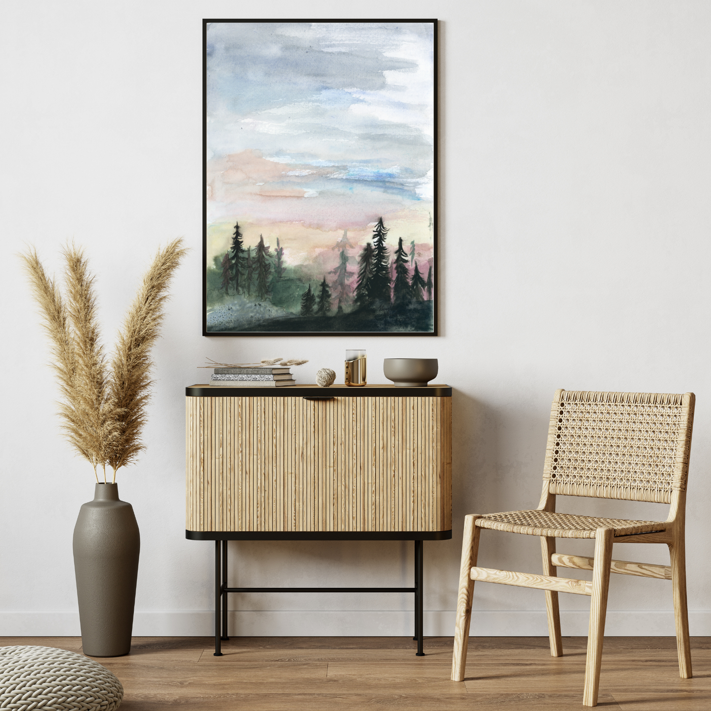 Forest Skyline Watercolor Giclée Print, Bright Cloudy Morning Sky, Rolling Evergreen Hills