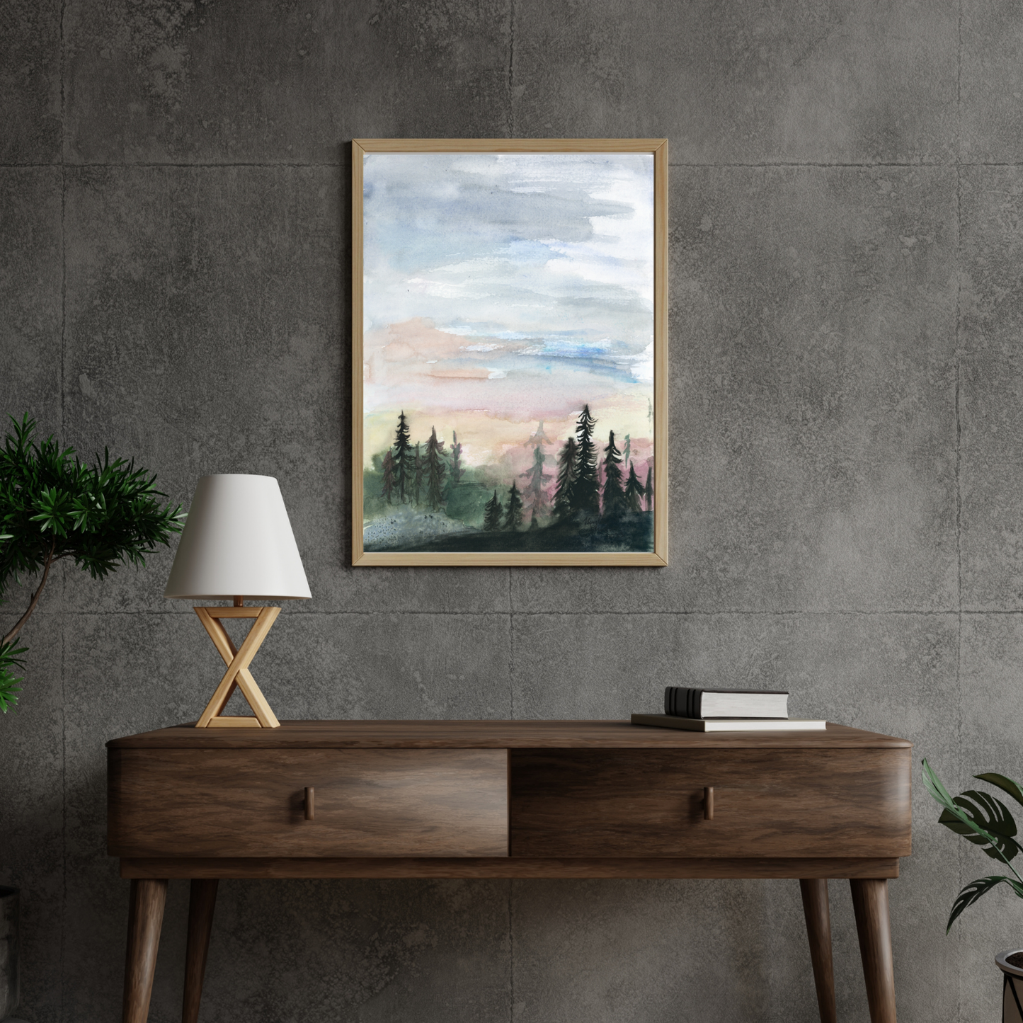 Forest Skyline Watercolor Giclée Print, Bright Cloudy Morning Sky, Rolling Evergreen Hills