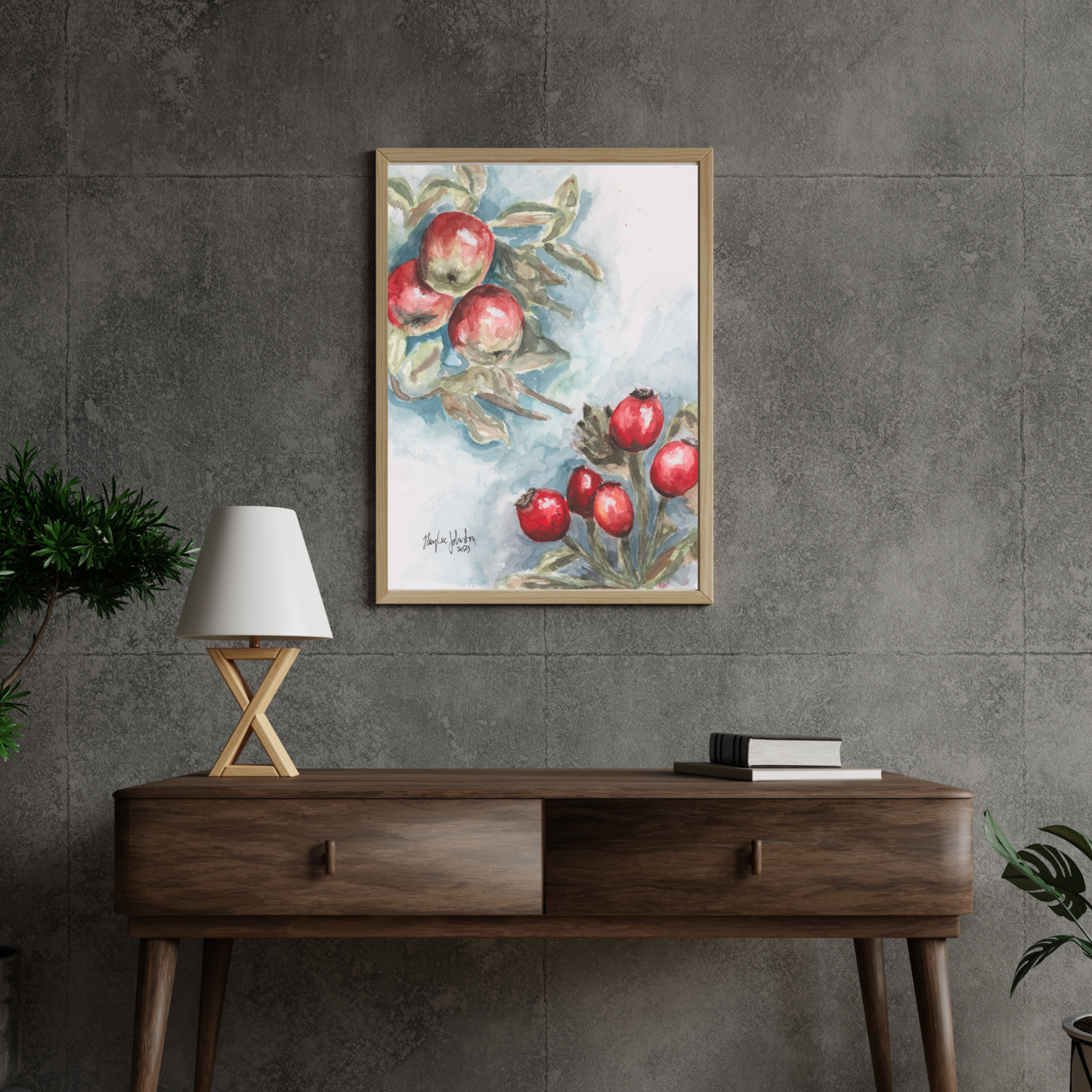 Red Apples and Rosehips Watercolor, Giclée Print of Original Work, Cottage Artwork