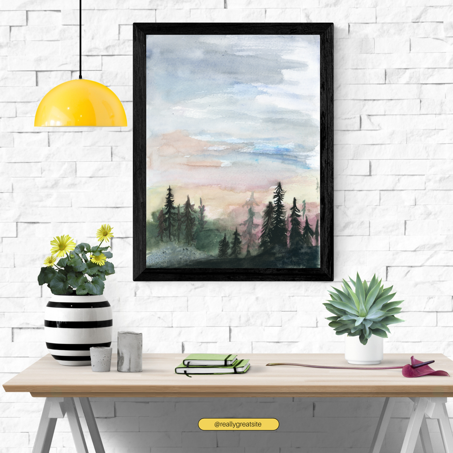 Forest Skyline Watercolor Giclée Print, Bright Cloudy Morning Sky, Rolling Evergreen Hills