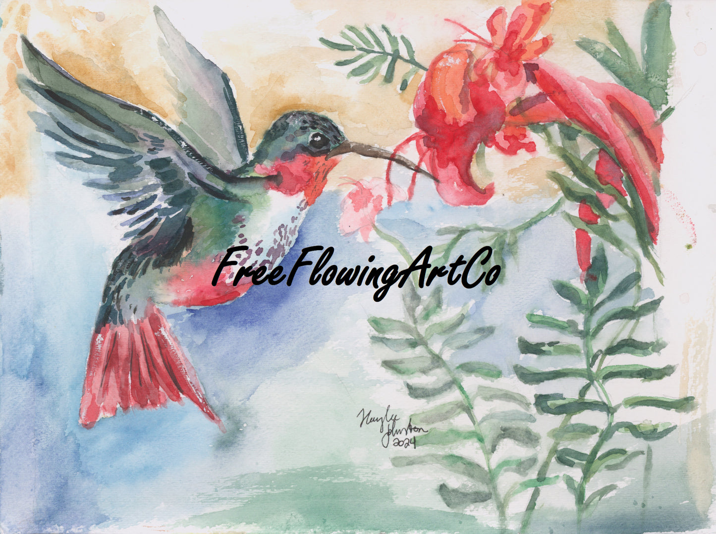 Hummingbird Watercolor Print, Bird and Flower Print, Nature Decor, Flower Garden