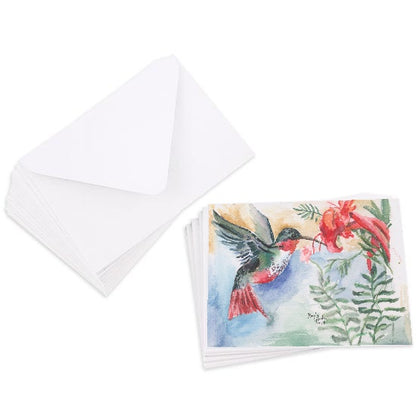 A stack of flat cardstock note cards featuring original watercolor piece A Garden Visit next to a stack of the matching euro flap envelopes.