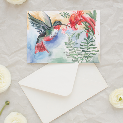 Flat cardstock note card featuring original watercolor piece A Garden Visit and matching euro flap envelope. Styled on linen and surrounded by white flowers.