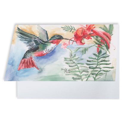 Folding cardstock greeting card featuring original watercolor piece A Garden Visit slightly open to display the empty inside.