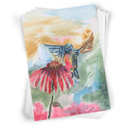 Flat cardstock note card featuring original watercolor piece A Jeweled Messenger in a stack on a white background.