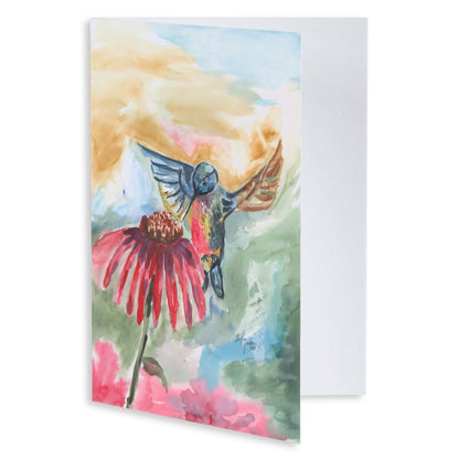 Folding cardstock greeting card featuring original watercolor piece A Jeweled Messenger slightly open to display the empty inside.