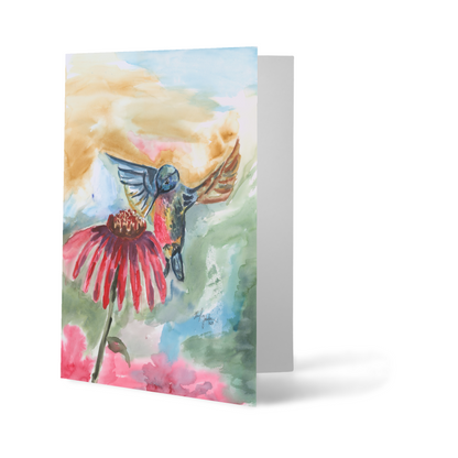 Folding cardstock greeting card featuring original watercolor piece A Jeweled Messenger standing upright.
