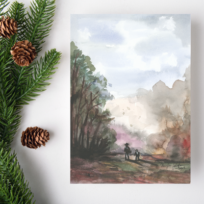 Flat cardstock note card featuring original watercolor piece A Walk in the Forest on a white background. Green pine fronds with brown pinecones decorate the left side.