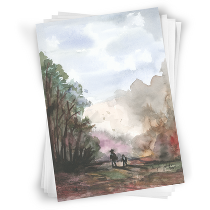 Flat cardstock note card featuring original watercolor piece A Walk in the Forest in a stack on a white background.