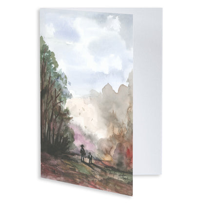 Folding cardstock greeting card featuring original watercolor piece A Walk in the Forest slightly open to display the empty inside.