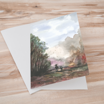 Folding cardstock greeting card featuring original watercolor piece A Walk in the Forest laying one on top of another.