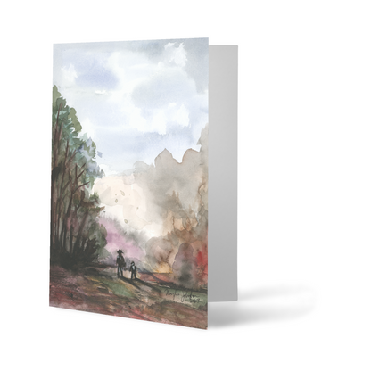 Folding cardstock greeting card featuring original watercolor piece A Walk in the Forest standing upright.