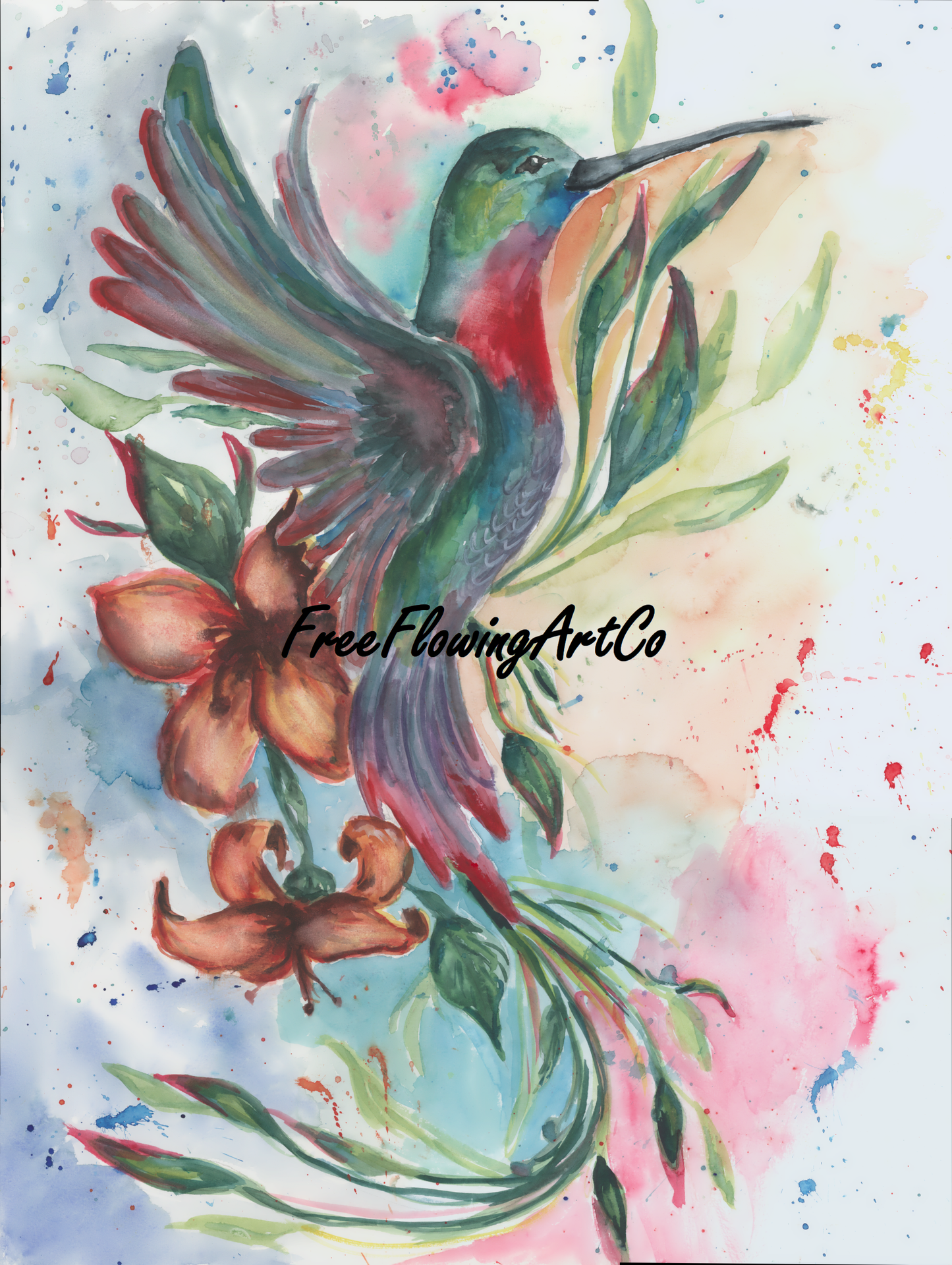 Hummingbird Watercolor Print, Flying Bird Original Painting