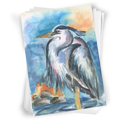 Flat cardstock note card featuring original watercolor piece Dark Heron in a stack on a white background.