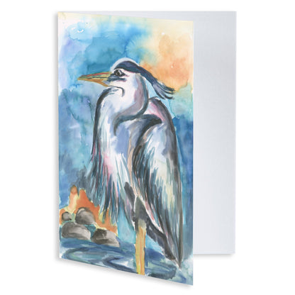 Folding cardstock greeting card featuring original watercolor piece Dark Heron slightly open to display the empty inside.