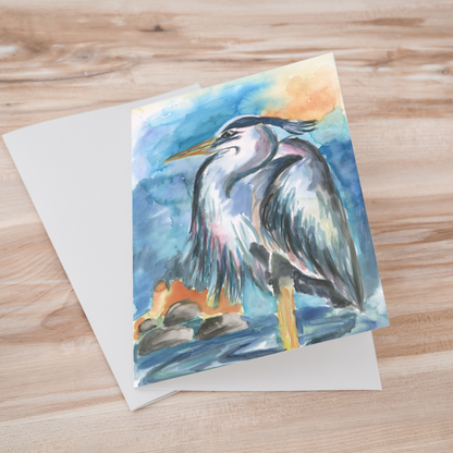 Folding cardstock greeting card featuring original watercolor piece Dark Heron laying one on top of another.