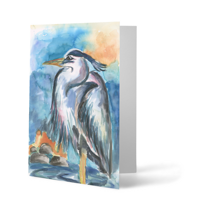 Folding cardstock greeting card featuring original watercolor piece Dark Heron standing upright.