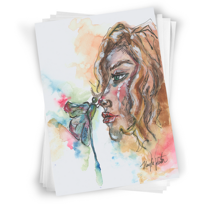 Flat cardstock note card featuring original watercolor piece Dragonfly Girl in a stack on a white background.
