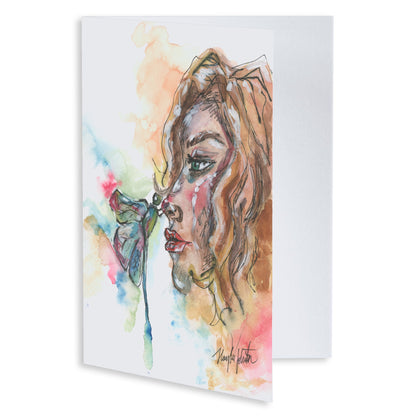 Folding cardstock greeting card featuring original watercolor piece Dragonfly Girl slightly open to display the empty inside.
