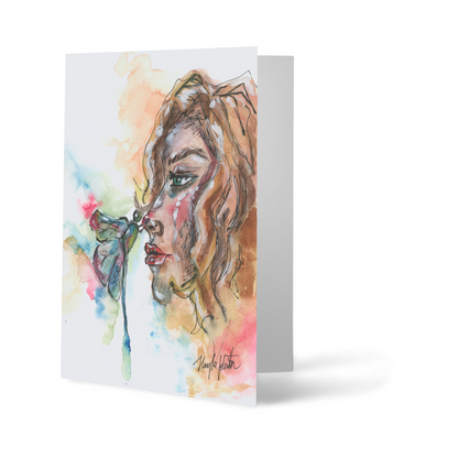 Folding cardstock greeting card featuring original watercolor piece Dragonfly Girl standing upright.