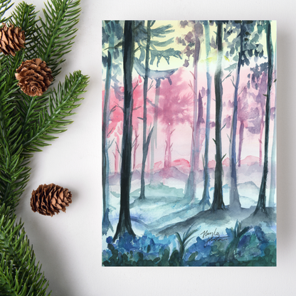Flat cardstock note card featuring original watercolor piece Fairy Forest on a white background. Green pine fronds with brown pinecones decorate the left side.