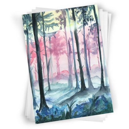 Flat cardstock note card featuring original watercolor piece Fairy Forest in a stack on a white background.